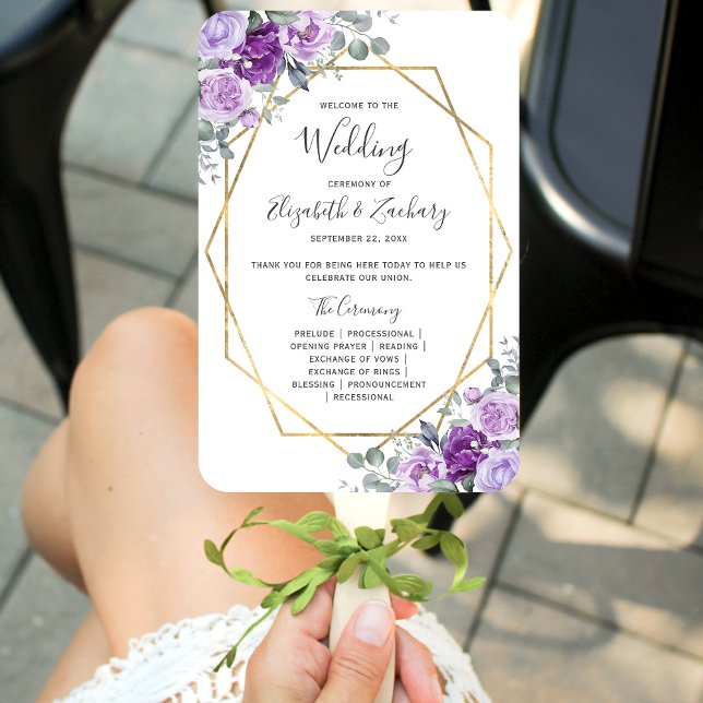 Leque Programa de Casamento com Moldura Dourada e Floral (Criador carregado)