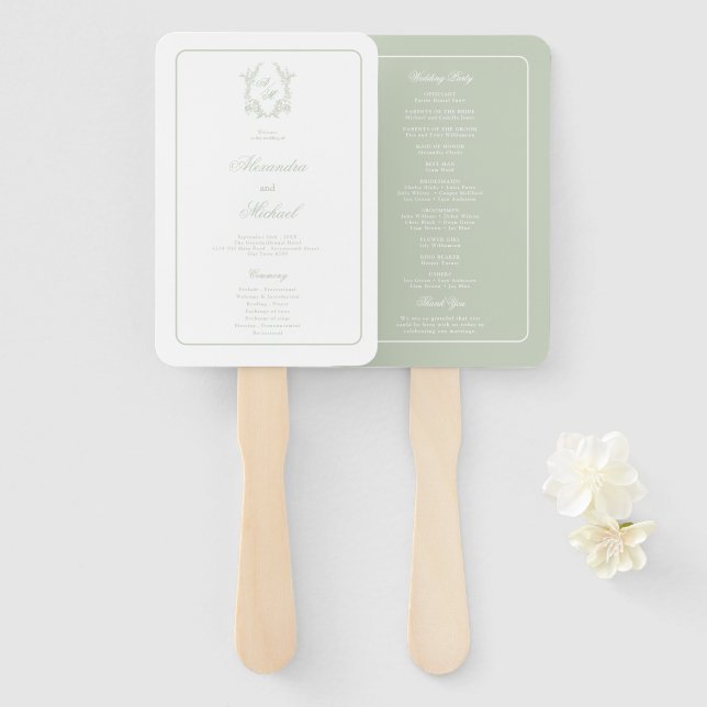 Leque Programa de Casamento com Monograma de Crista Flor (Frente e Verso)