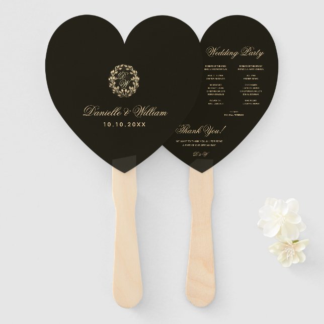 Leque Programa de Casamento com Monograma em Coroa de Ou (Frente e Verso)