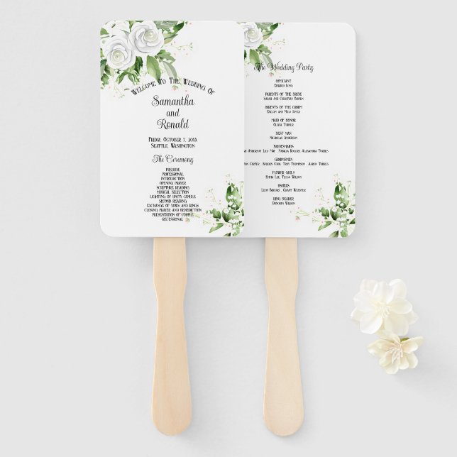 Leque Programa de Casamento com Rosas Brancas e Reseda (Frente e Verso)