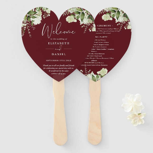 Leque Programa de Casamento com Vegetação Rosa Rosewood  (Frente e Verso)