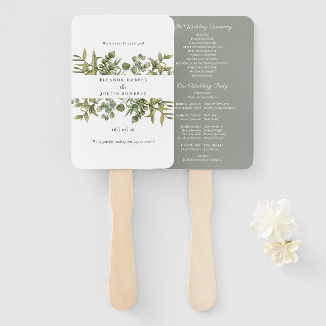 Leque Programa de Casamento com Verde de Eucalipto Flore (Frente e Verso)