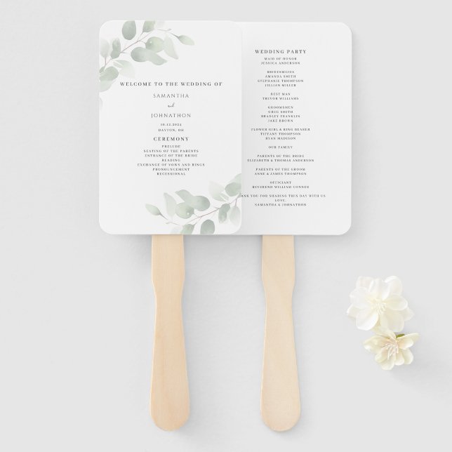 Leque Programa de Casamento com Verdura de Eucalipto  (Frente e Verso)