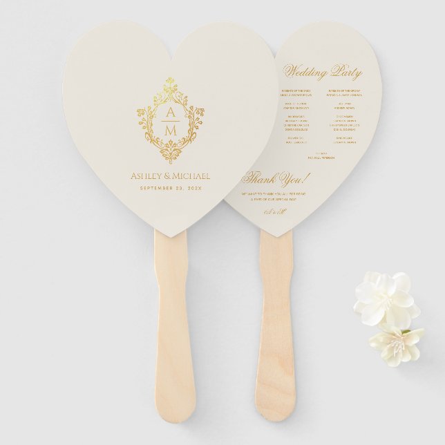 Leque Programa de Casamento Coração de Marfim com Monogr (Frente e Verso)