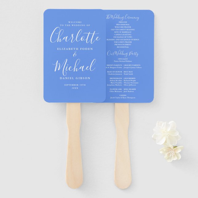 Leque Programa de Casamento Cornflower Blue com Letra de (Frente e Verso)