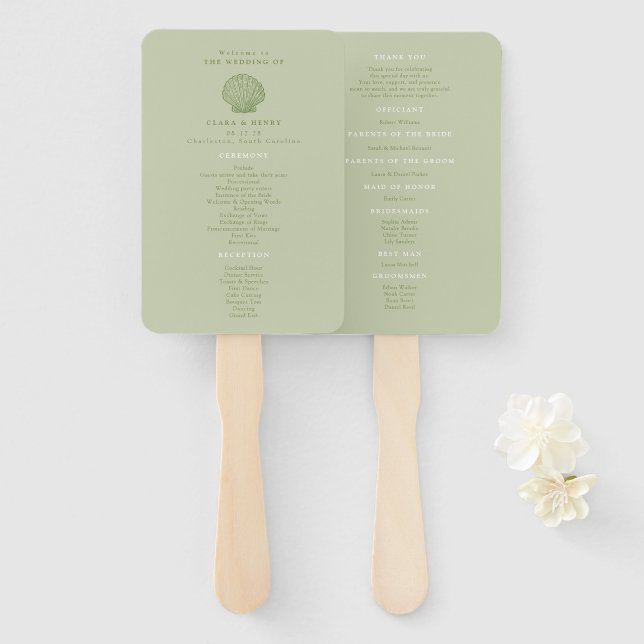 Leque Programa de Casamento Costeiro em Verde Salvia e C (Frente e Verso)