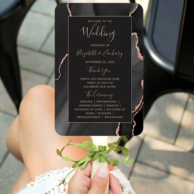 Leque Programa de Casamento Dark Black Rose Gold Agate (Criador carregado)