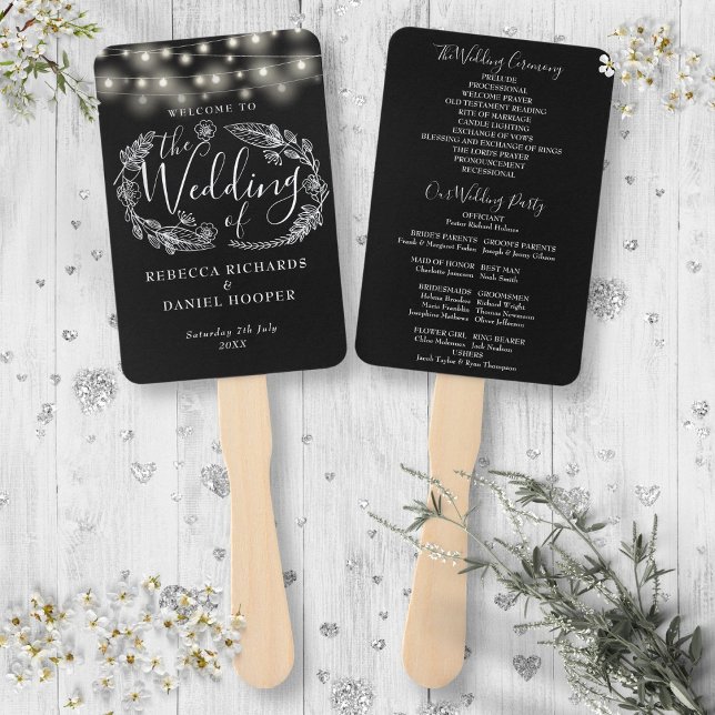 Leque Programa de Casamento das Luzes das Cordas Pretas  (Black And White String Lights Wedding Program Hand Fan)