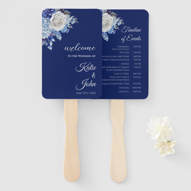 Leque Programa de Casamento de Buquê de Flor Azul-Aquare (Frente e Verso)