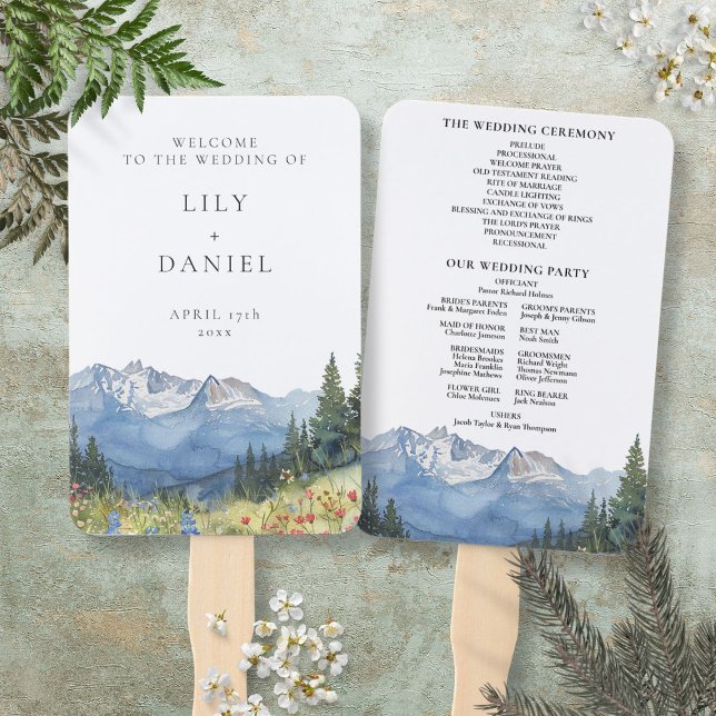 Leque Programa de Casamento de Castas Selvagens das Mont (Watercolor Mountain Wildflower Wedding Program Hand Fan)