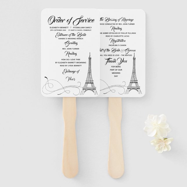 Leque Programa de Casamento de Doodles Parisienses (Frente e Verso)