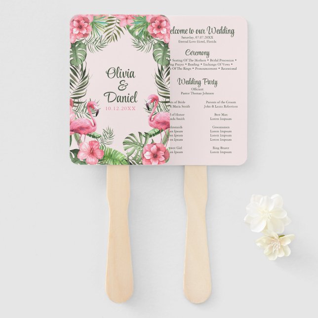 Leque Programa de Casamento de Flamingo Tropical em Aqua (Frente e Verso)