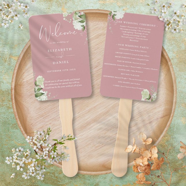 Leque Programa de Casamento de Floral Verde Rosa Empoeir (Dusty Rose Floral Greenery Wedding Program Hand Fan)