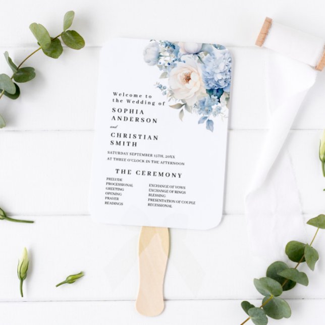 Leque Programa de Casamento de Flores Azuis e Brancas (Criador carregado)