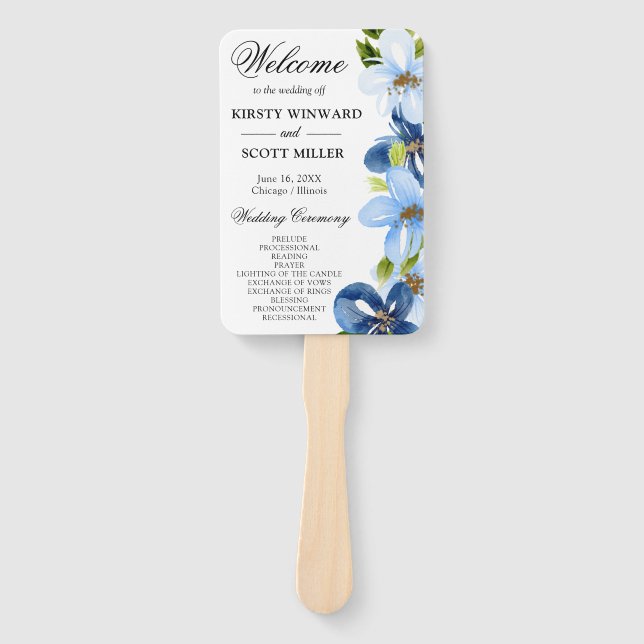 Leque Programa de Casamento de Flores de Verão Azuis e A (Frente)