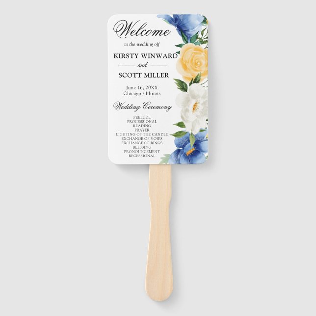 Leque Programa de Casamento de Flores de Verão Azuis e A (Frente)