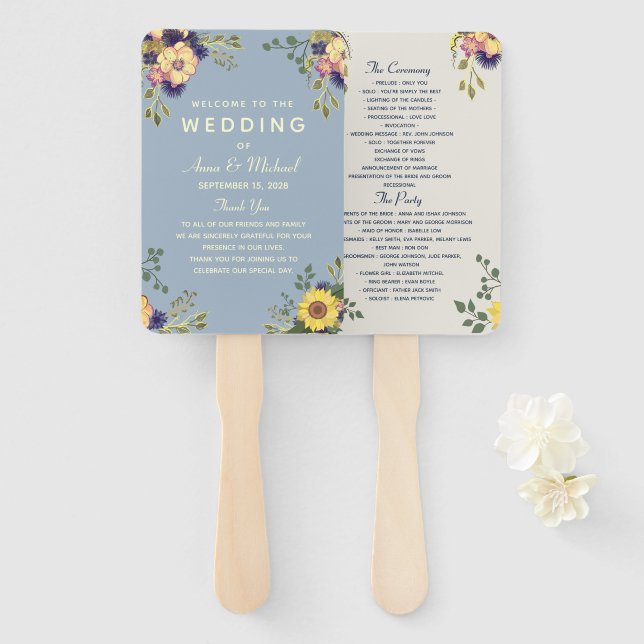 Leque Programa de Casamento de Flores em Aquarela Elegan (Frente e Verso)
