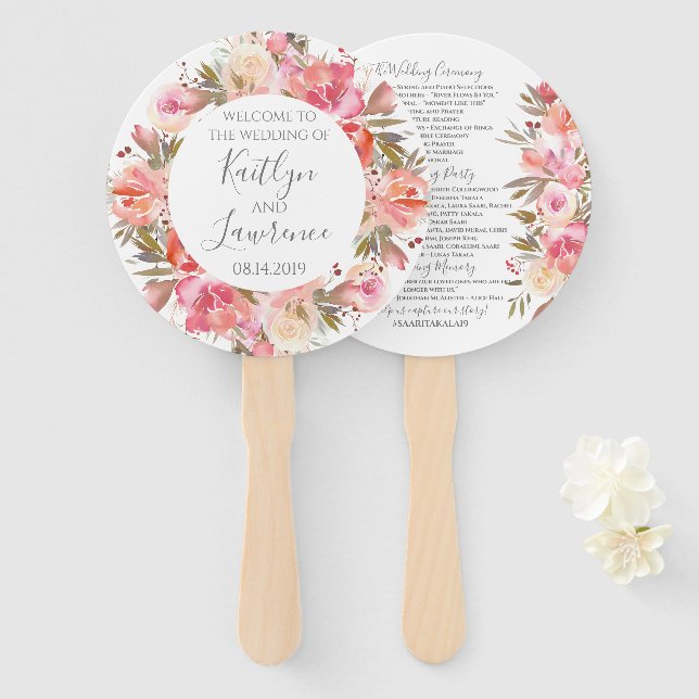 Leque Programa de Casamento de Flores Florais Românticas (Frente e Verso)