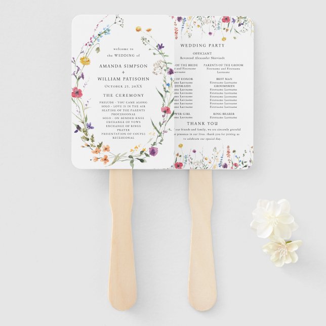 Leque Programa de Casamento de Flores Selvagens de Aquar (Frente e Verso)