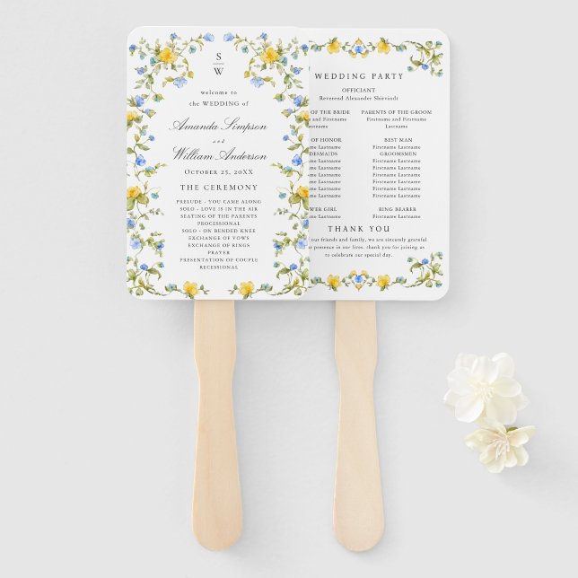Leque Programa de Casamento de Flores Selvagens de Aquar (Frente e Verso)