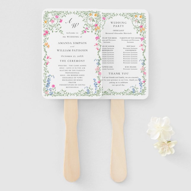 Leque Programa de Casamento de Flores Selvagens de Aquar (Frente e Verso)