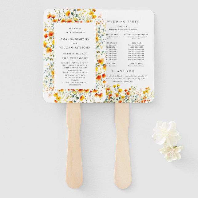 Leque Programa de Casamento de Flores Selvagens de Aquar (Frente e Verso)