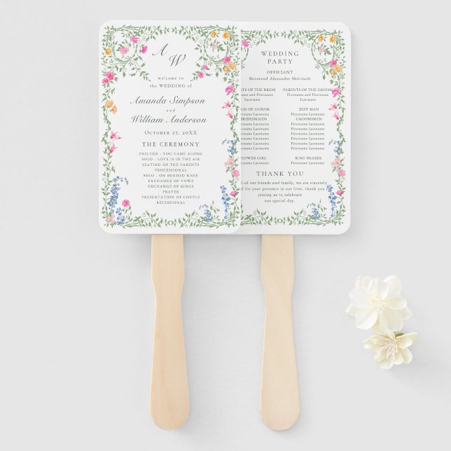 Leque Programa de Casamento de Flores Selvagens de Aquar (Frente e Verso)