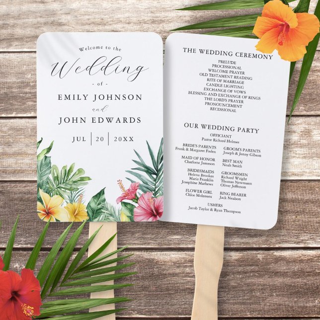Leque Programa de Casamento de Flores Tropicais de Aquar (Watercolor Tropical Flowers Wedding Program Hand Fan)