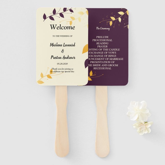 Leque Programa de Casamento de Folhas de Ouro Roxo (Frente e Verso)