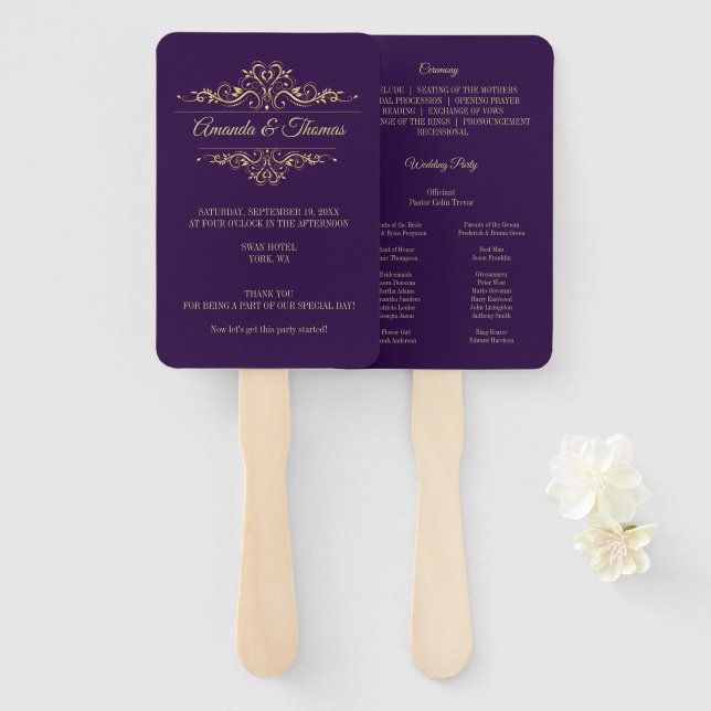 Leque Programa de Casamento de Frame Elegante Roxo (Frente e Verso)