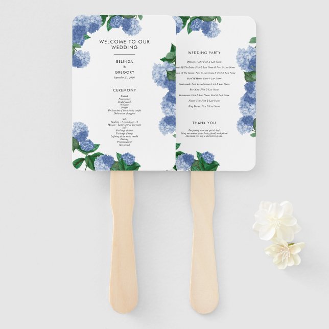 Leque Programa de Casamento de Hortênsia Azul com Verdur (Frente e Verso)