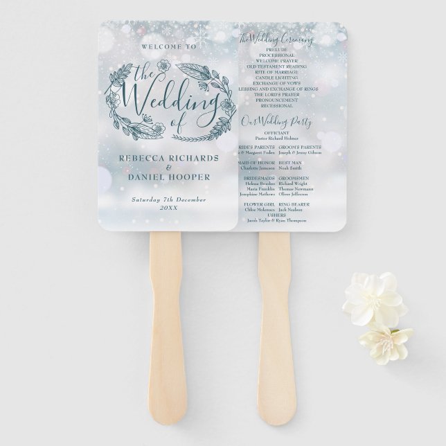 Leque Programa de Casamento de Inverno com Flocos de Nev (Frente e Verso)