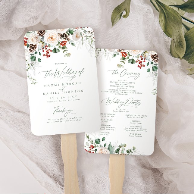 Leque Programa de Casamento de Inverno com Flores Festiv (Festive Floral Holiday Winter Wedding Program Hand Fan)