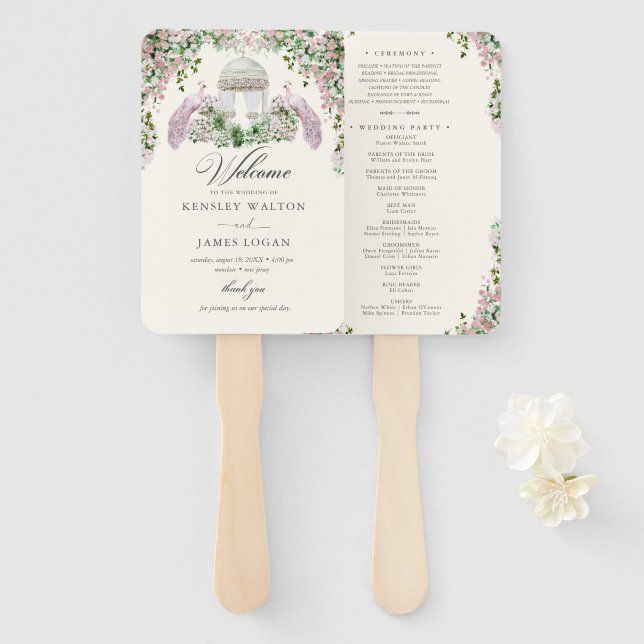 Leque Programa de Casamento de Jardim com Rosa Elegante (Frente e Verso)