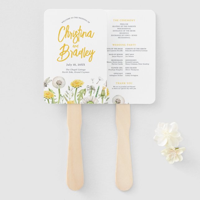 Leque Programa de Casamento de Jardim de Dente-de-Leão F (Frente e Verso)
