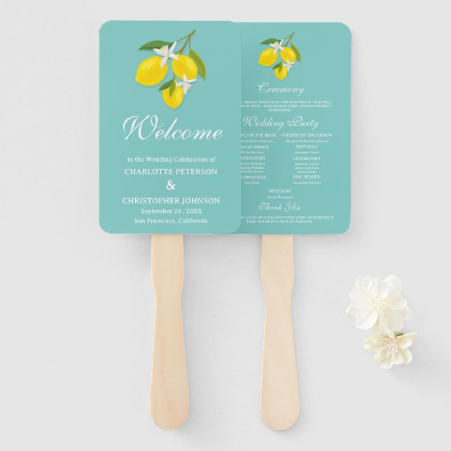 Leque Programa de Casamento de Limão Azul e Amarelo (Frente e Verso)