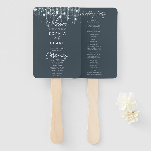 Leque Programa de Casamento de Luzes Brancas e cinzas (Frente e Verso)