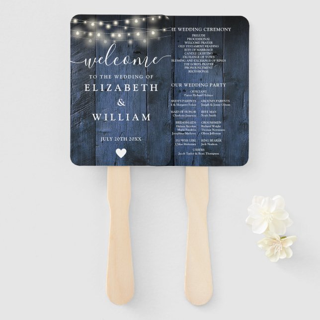 Leque Programa de Casamento de Luzes de Corda de Madeira (Frente e Verso)