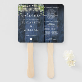 Leque Programa de casamento de madeira azul com luzes de
