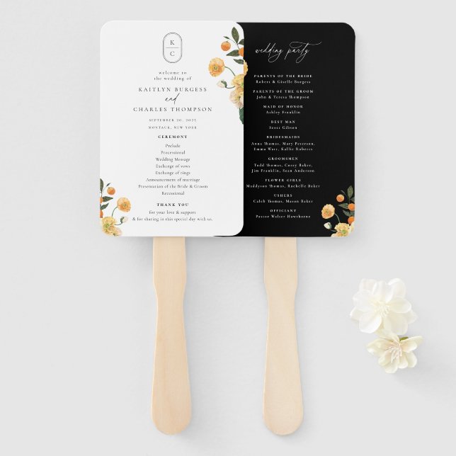 Leque Programa de Casamento de Monogramas Citrus Floral (Frente e Verso)