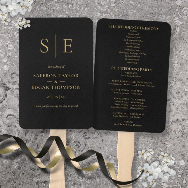 Leque Programa De Casamento De Monogramas Preto E Dourad (Black And Gold Monogram Wedding Program Hand Fan)