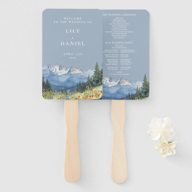 Leque Programa de Casamento de Montanha em Aquarela Azul (Frente e Verso)