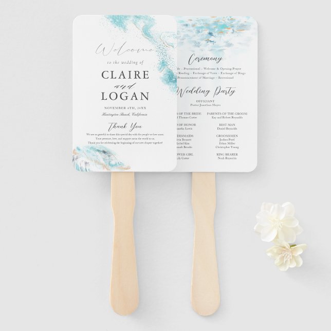 Leque Programa de Casamento de Ondas Azuis na Costa (Frente e Verso)