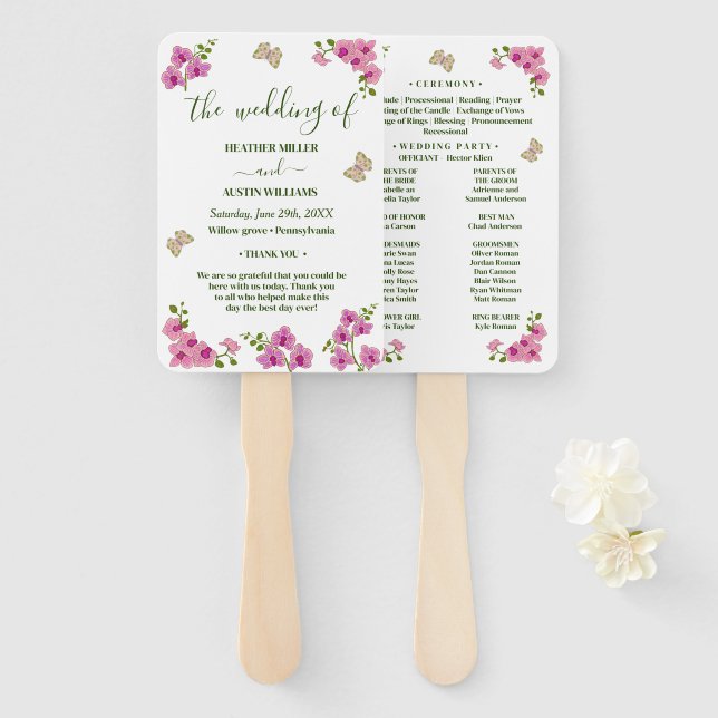 Leque Programa de Casamento de Orquídeas Roxas Delicadas (Frente e Verso)