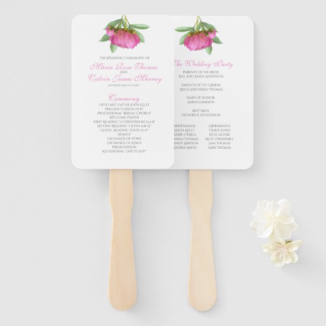 Leque Programa de Casamento de Peonies Fan (Frente e Verso)