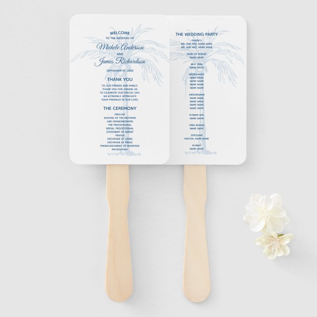 Leque Programa de Casamento de Praia Tropical com Palma  (Frente e Verso)