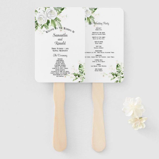 Leque Programa de Casamento de Rosas Brancas e Respirado (Frente e Verso)