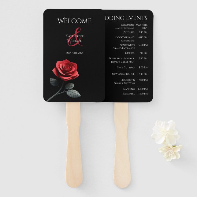 Leque Programa de Casamento de Rosas vermelhas de soltei (Frente e Verso)