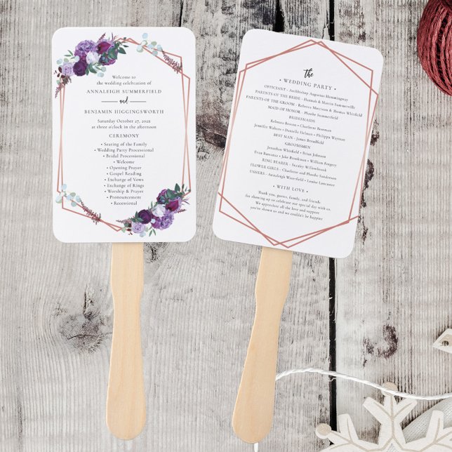 Leque Programa de Casamento de Sangue Dourado com Rosa F (Purple Floral Wedding Program Hand Fan)