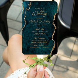 Leque Programa de Casamento de Script Agate Dourado Azul